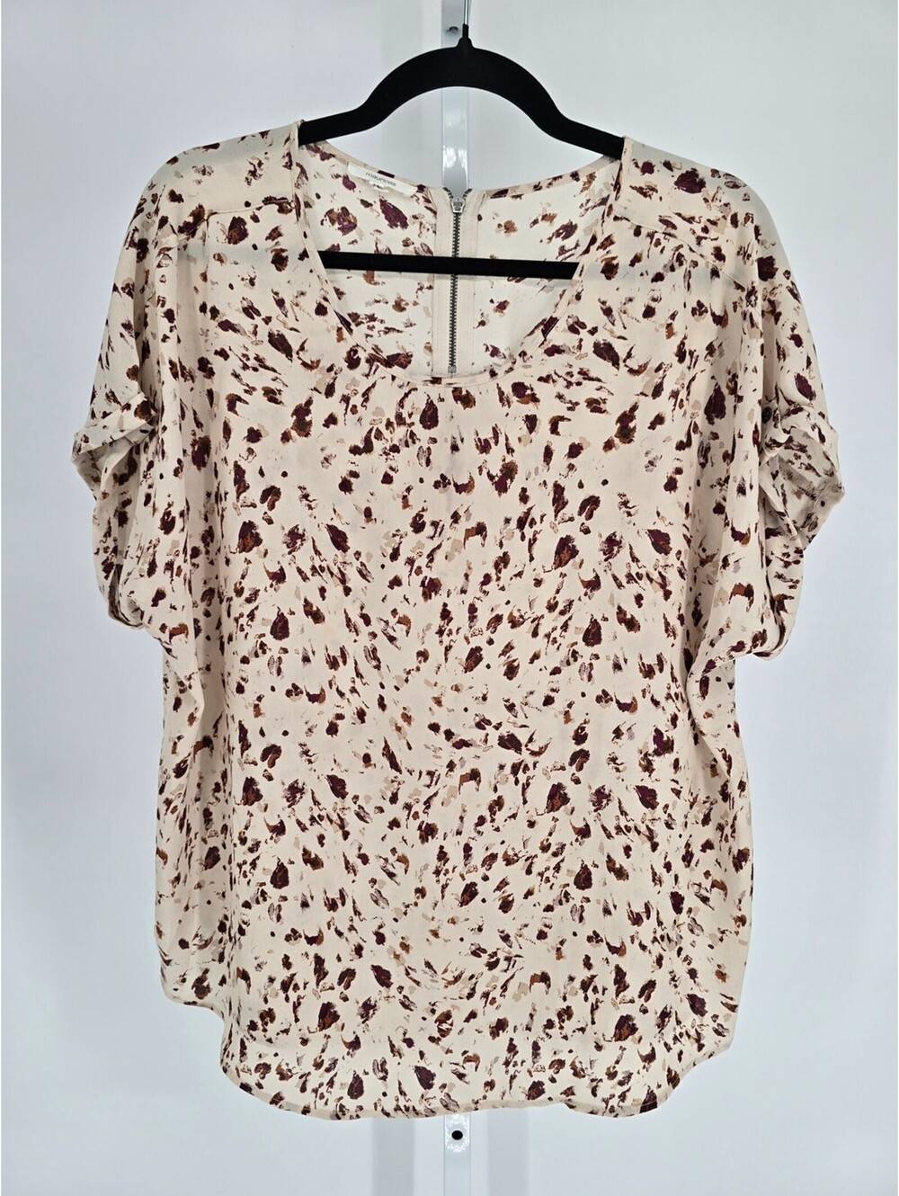 Maurices Womens Sz L Loose Fit Short Sleeve Blouse Brown Tan Animal Print